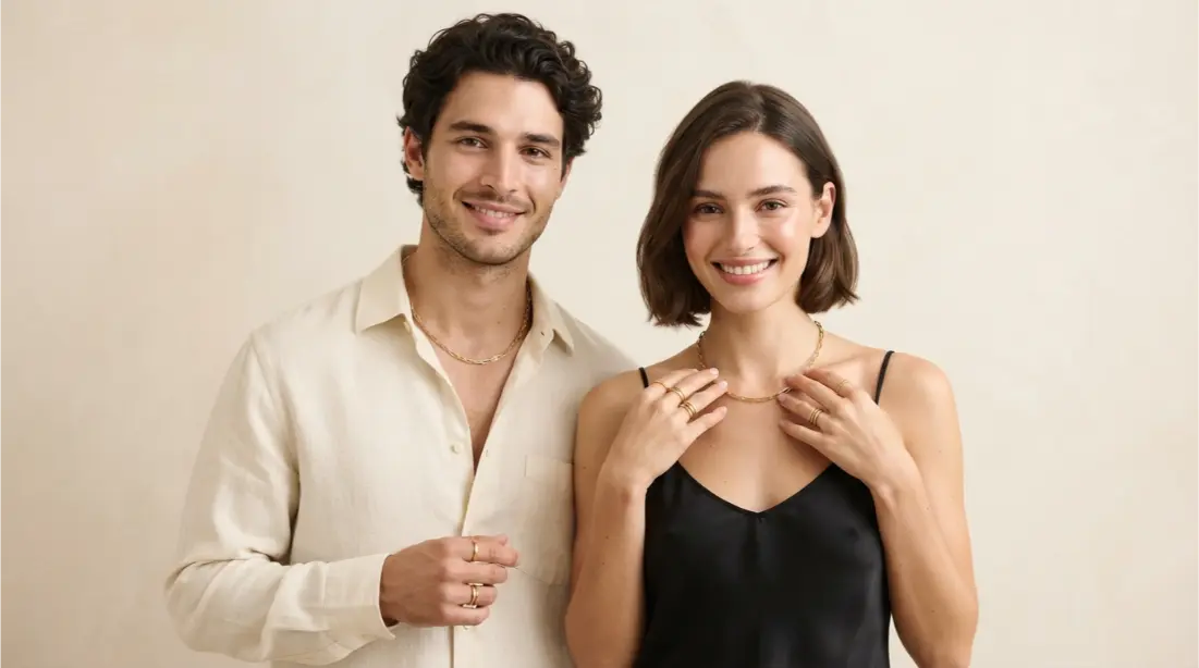 Minimalist gender-neutral gold jewelry styling guide for independent station