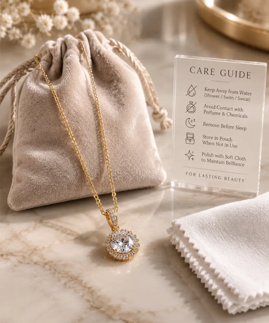 14K gold plated zirconia necklace care guide by For you & me SIGNATURE