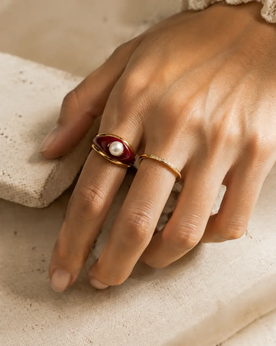 Vibrant enamel and pearl ring styled with gold-plated bands by For you & me SIGNATURE