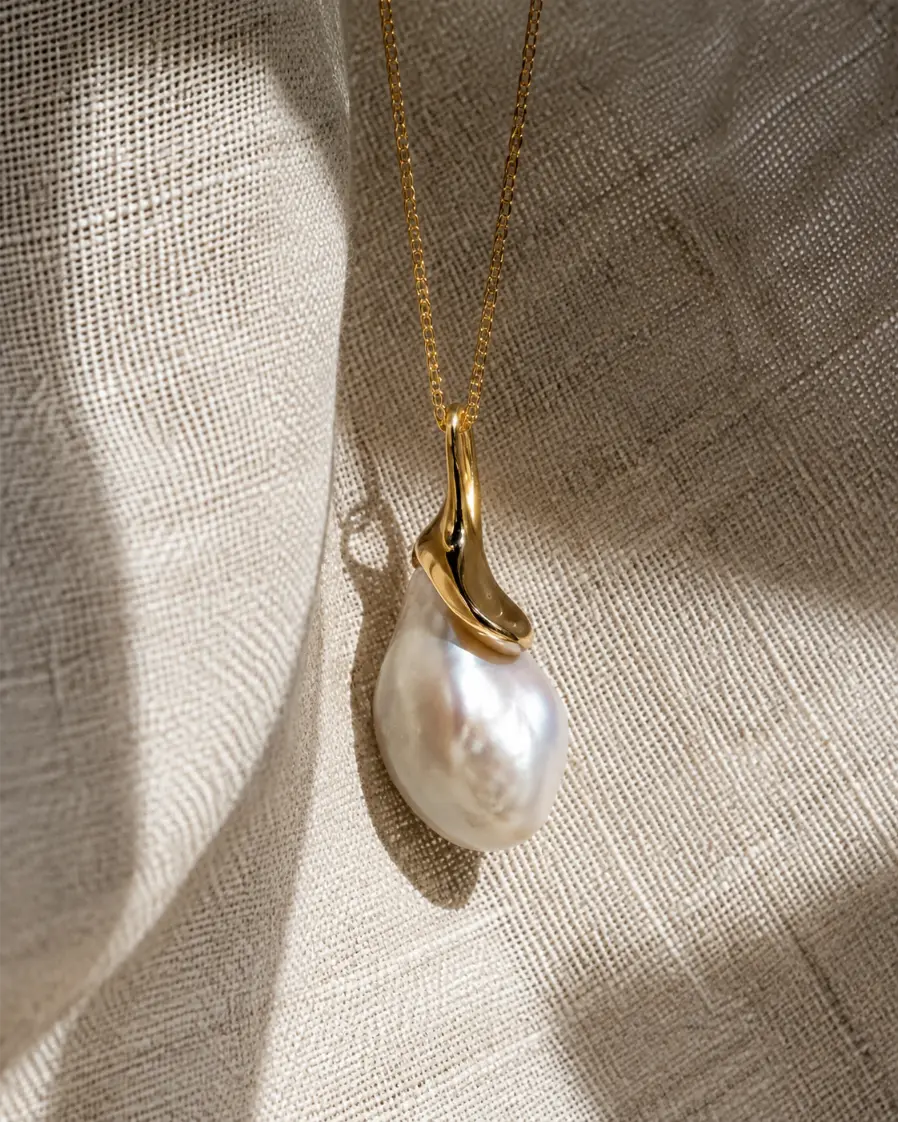 Irregular baroque pearl pendant necklace with organic sculptural design by For you & me SIGNATURE