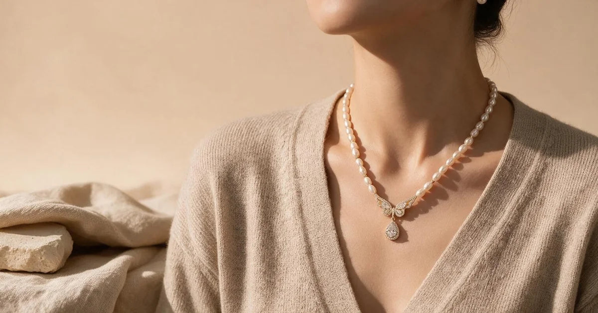 Christmas gifts for her: a simulated pearl necklace with a zirconia pendant worn with a beige knit