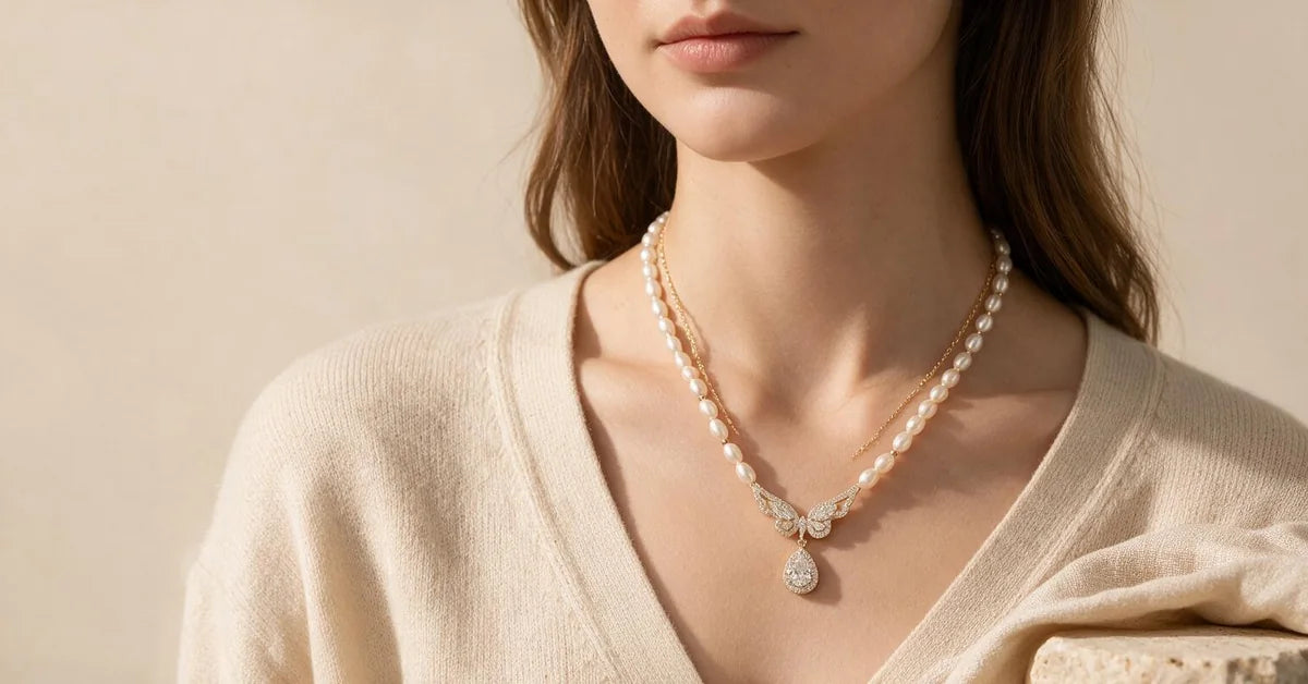 Gold layered necklace on a model: gold plated freshwater pearl necklace with a thin gold chain layer over a cream knit top