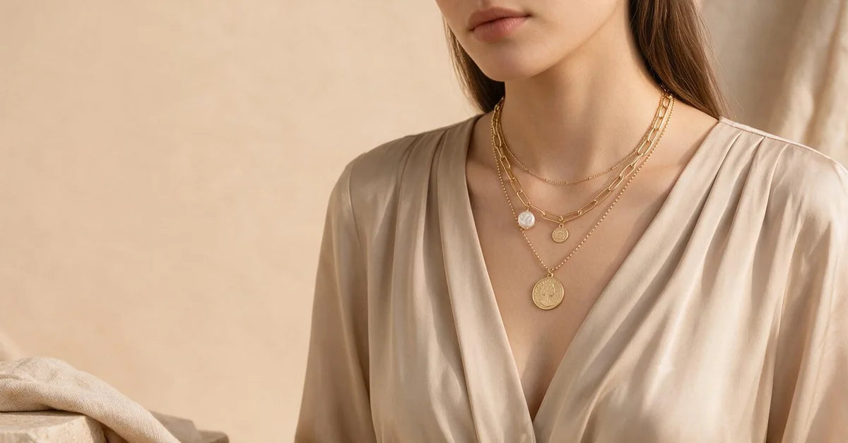 Layered necklace styling on a model: gold layered necklace in three pearl necklace lengths with a baroque pearl charm and an engraved coin pendant over a cream satin top