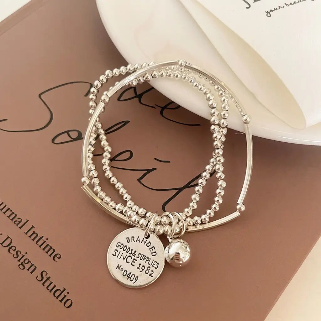 3-Layer Silver Bead Stretch Bracelet Set | Copper Elastic with Coin & Ball Charm