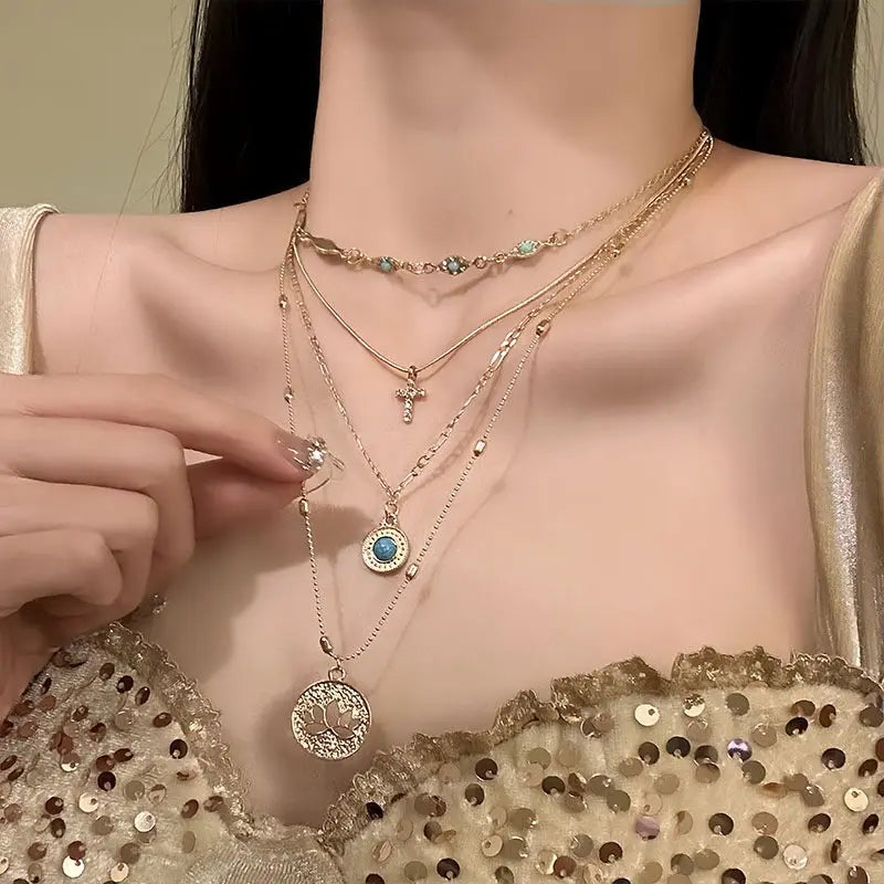 4-Layer Rhinestone Necklace Set for Women | Alloy Multi-Strand Choker
