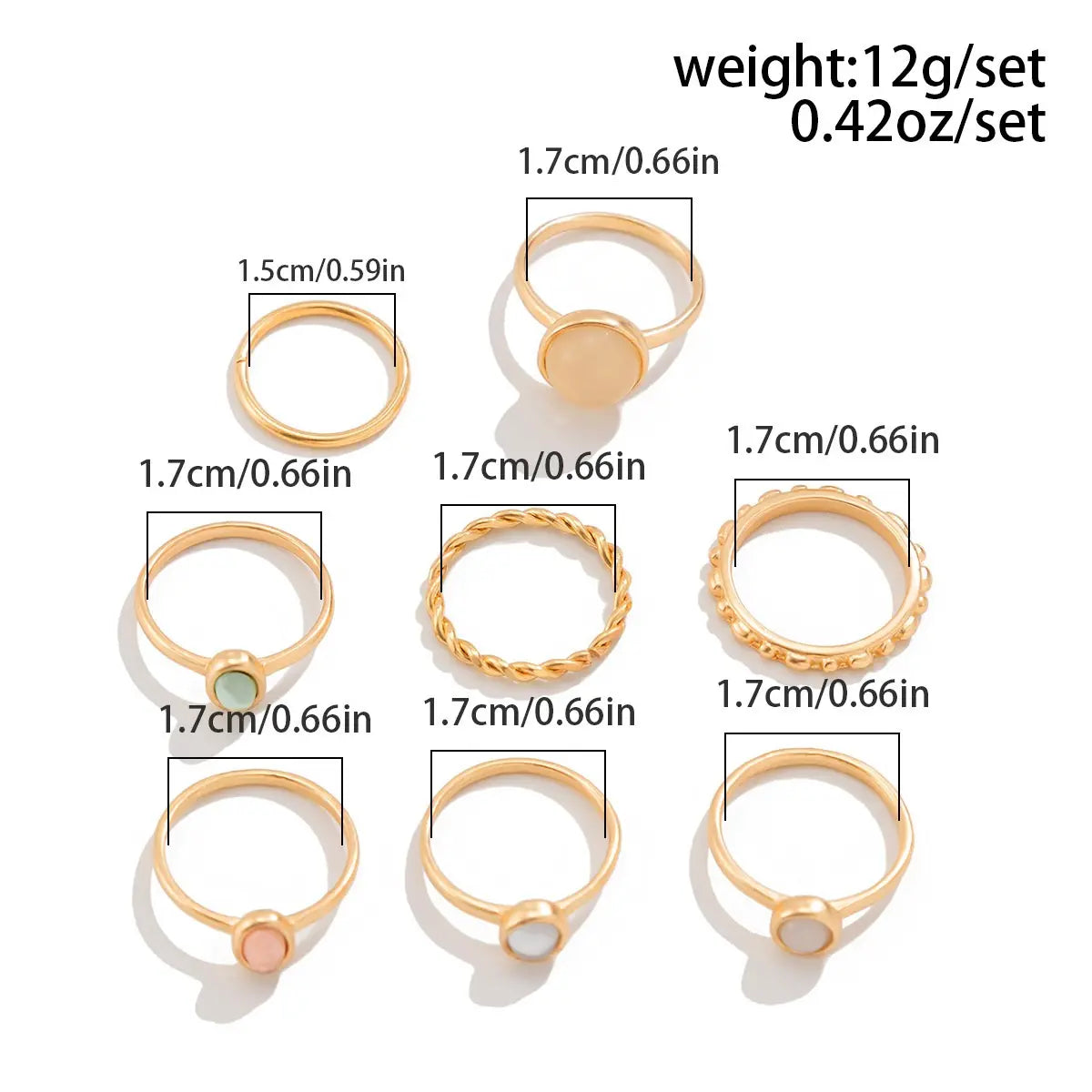 7-piece boho gold-tone stacking ring set size reference chart: plain thin band 1.5cm diameter, all other rings 1.7cm diameter; set weight 12g (0.42oz); white background with measurement annotations

