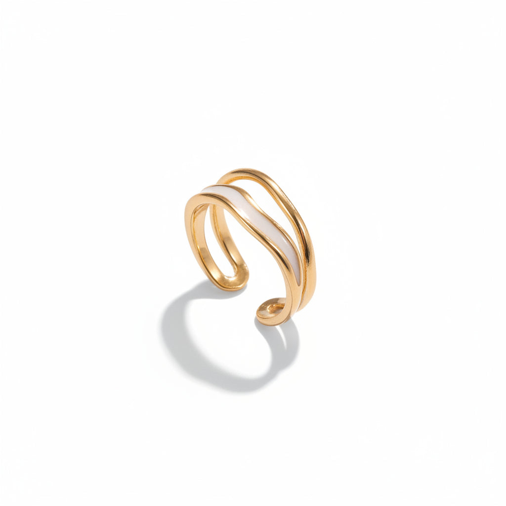 Gold alloy double-layer irregular wave open band ring with white enamel inlay, isolated on white background with soft drop shadow

