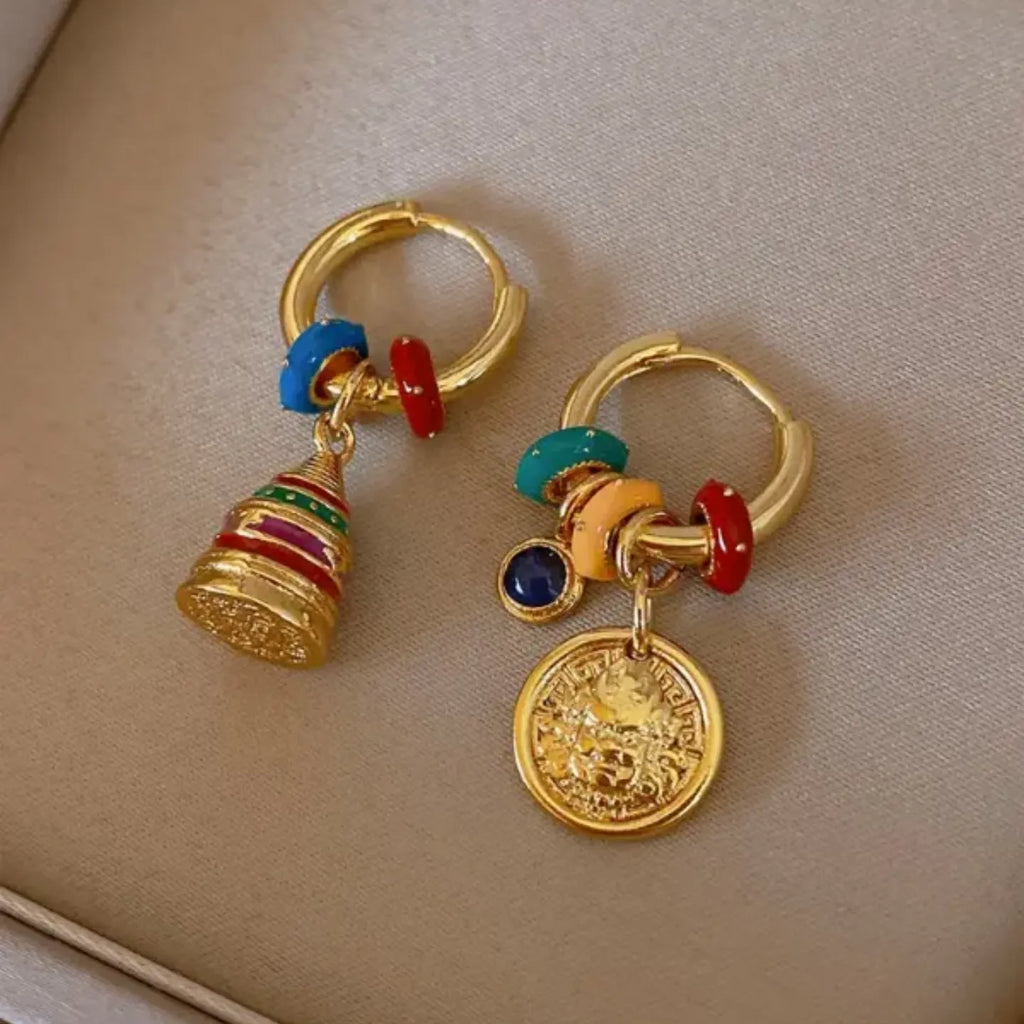 Asymmetric Boho Bell & Coin Drop Earrings | Enamel Copper Alloy