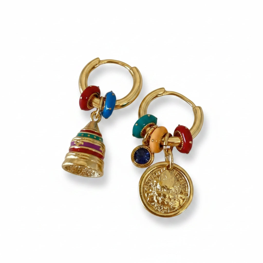 Asymmetric Boho Bell & Coin Drop Earrings | Enamel Copper Alloy