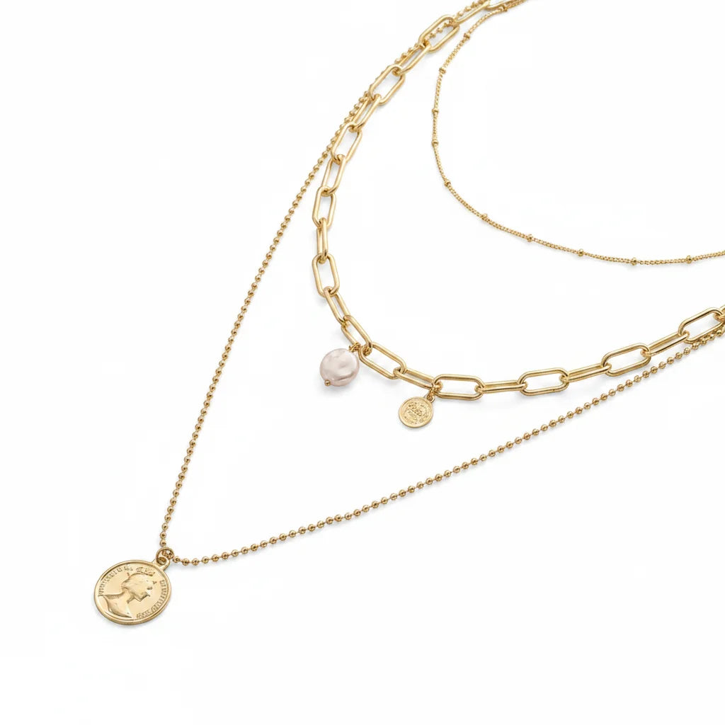 Baroque pearl layered necklace with multi-row coin pendant, front view