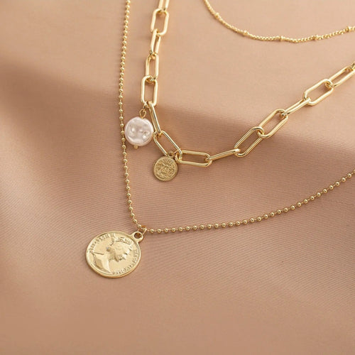 Ensemble Collier Superposé de Perles Baroques • Chaîne Clavicule à Pendentif Pièce Multi-Rangées