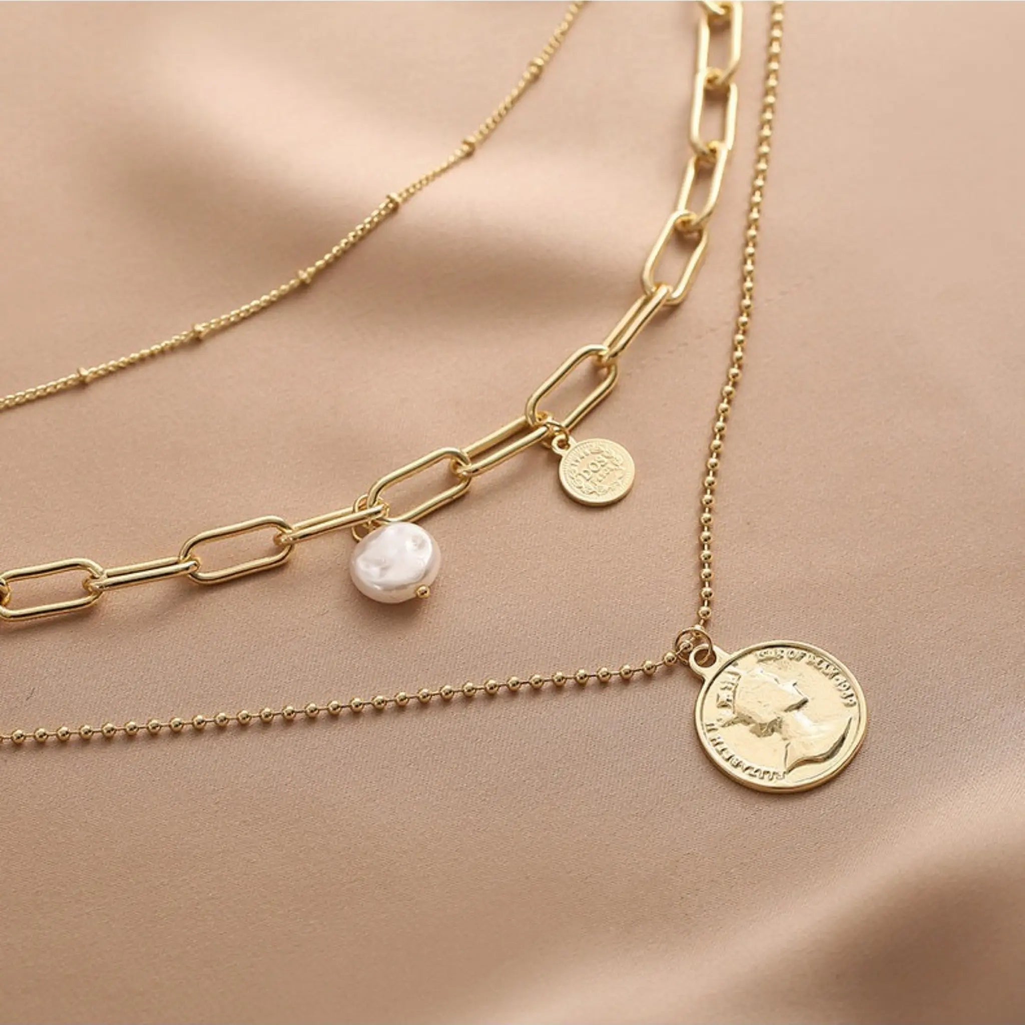 Baroque Pearl Layered Necklace Set • Multi-Row Coin Pendant Clavicle Chain