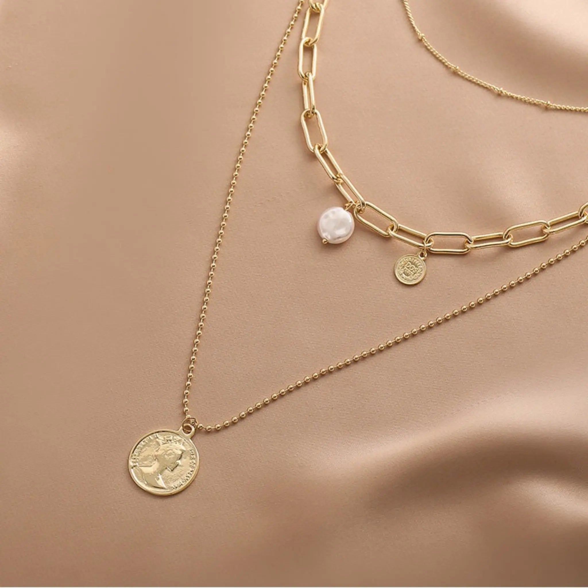 Baroque Pearl Layered Necklace Set • Multi-Row Coin Pendant Clavicle Chain