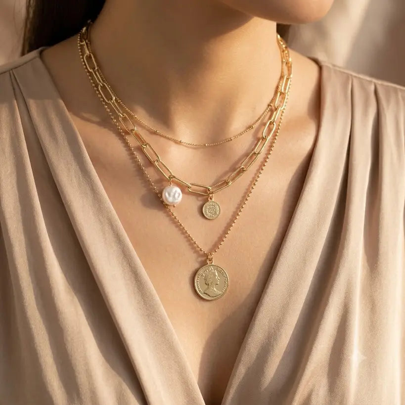 Woman wearing three-layer gold necklace set — satellite chain, paperclip chain with baroque pearl and small coin charm, ball chain with large engraved portrait coin pendant — over cream V-neck satin top, warm beige bokeh background

