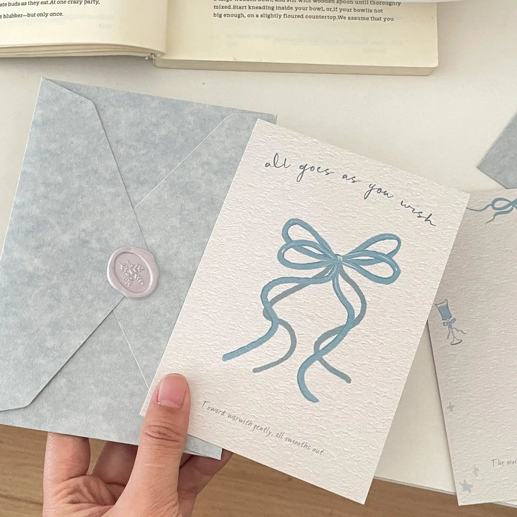 Blue Bow Greeting Card & Envelope Set | Translucent Gift Card with Ribbon Illustration