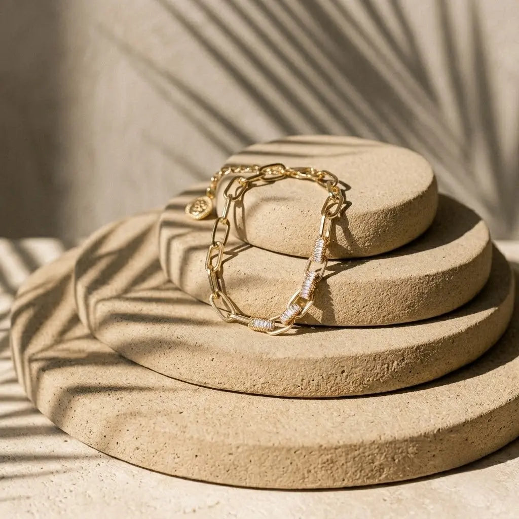 Chain Link & Baguette Zirconia Bracelet | Gold Plated Copper Coin Charm