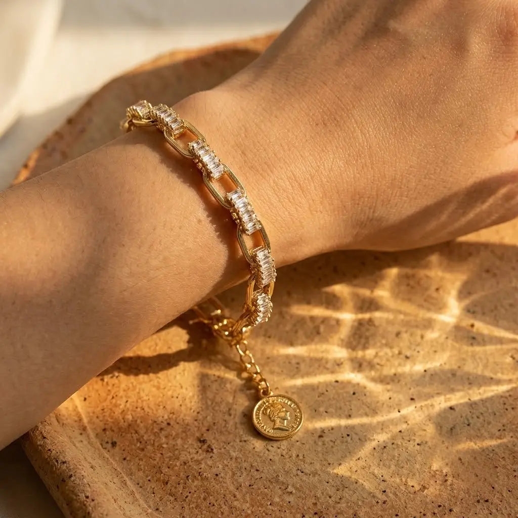 Chain Link & Baguette Zirconia Bracelet | Gold Plated Copper Coin Charm