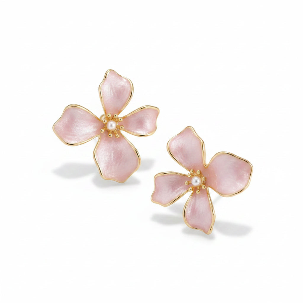 Cherry Blossom Petal Stud Earrings | Enamel & Pearl Copper Alloy
