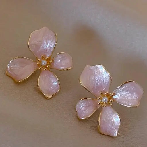 Cherry Blossom Petal Stud Earrings | Enamel & Pearl Copper Alloy