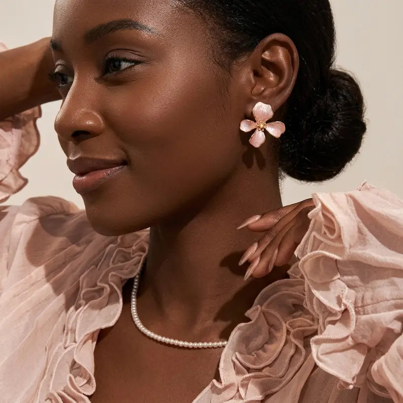 Cherry Blossom Petal Stud Earrings | Enamel & Pearl Copper Alloy