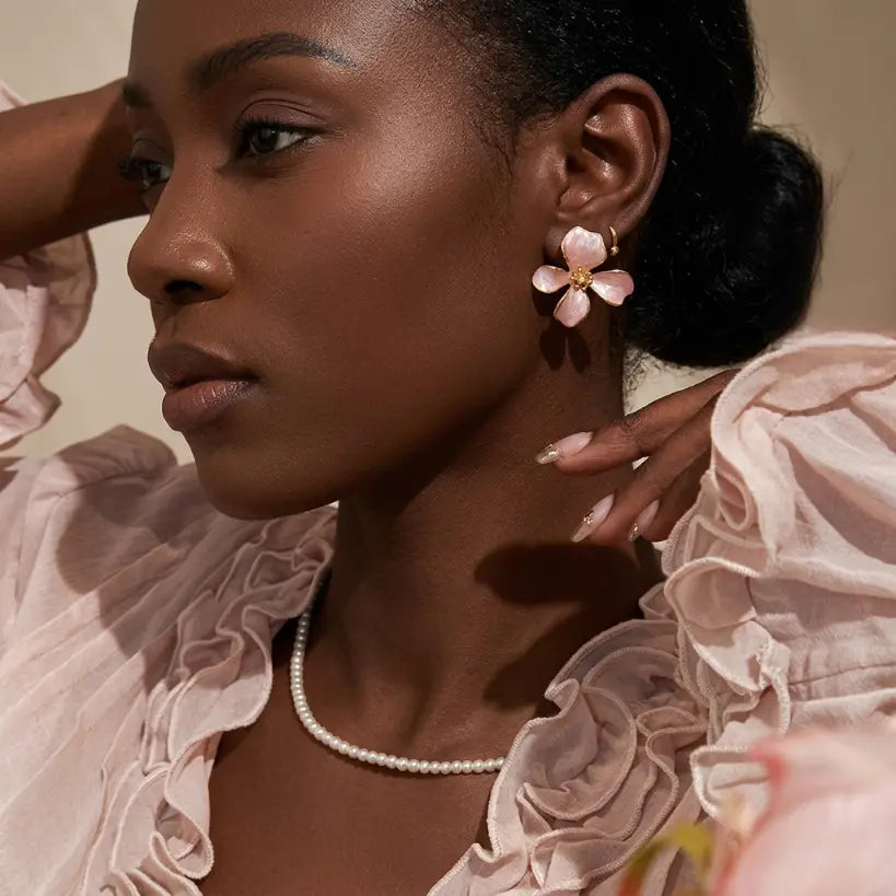 Cherry Blossom Petal Stud Earrings | Enamel & Pearl Copper Alloy