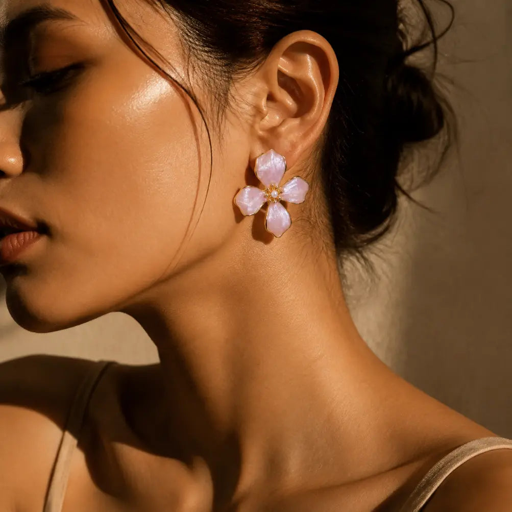 Cherry Blossom Petal Stud Earrings | Enamel & Pearl Copper Alloy