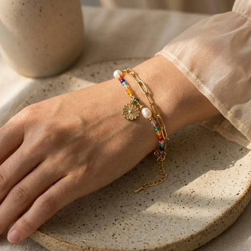 Colorful Bead & Daisy Double Bracelet Set | Alloy Chain with Pearl & Enamel Charm
