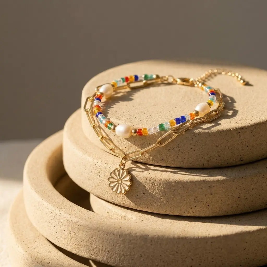 Colorful Bead & Daisy Double Bracelet Set | Alloy Chain with Pearl & Enamel Charm
