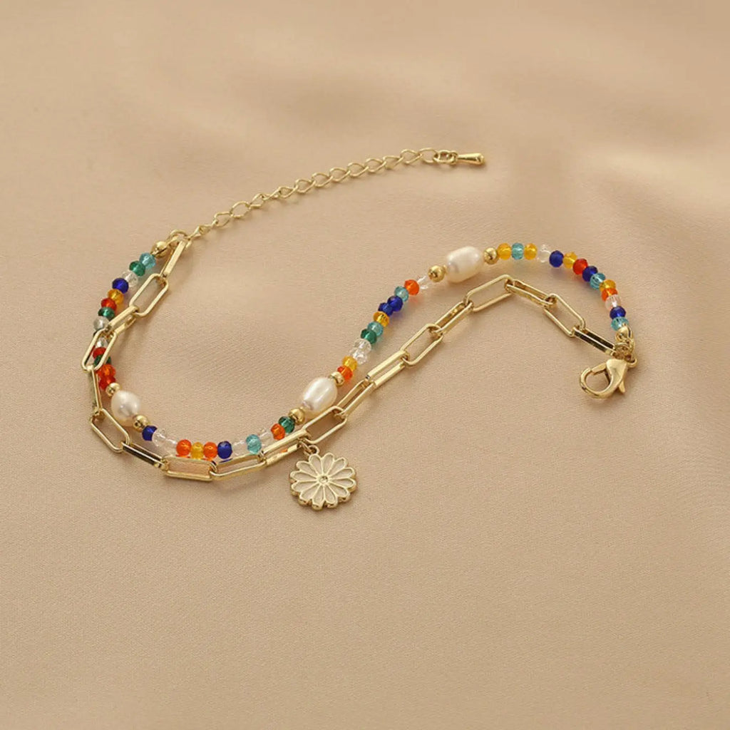Farbenfrohes Perlen- & Gänseblümchen-Doppelarmband-Set | Legierungskette mit Perlen- & Emaille-Anhänger