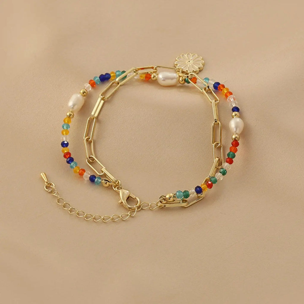 Farbenfrohes Perlen- & Gänseblümchen-Doppelarmband-Set | Legierungskette mit Perlen- & Emaille-Anhänger