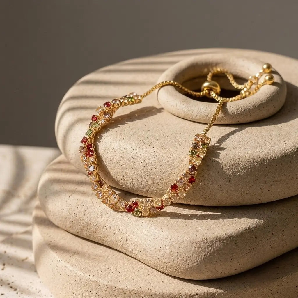 Colorful Zirconia Tennis Bracelet | Gold Plated Copper Adjustable Drawstring