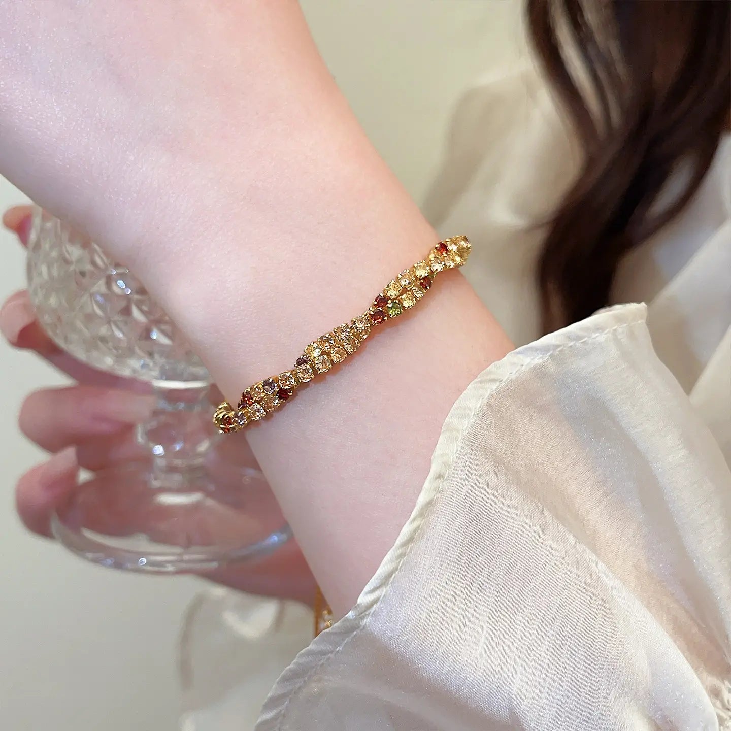 Colorful Zirconia Tennis Bracelet | Gold Plated Copper Adjustable Drawstring
