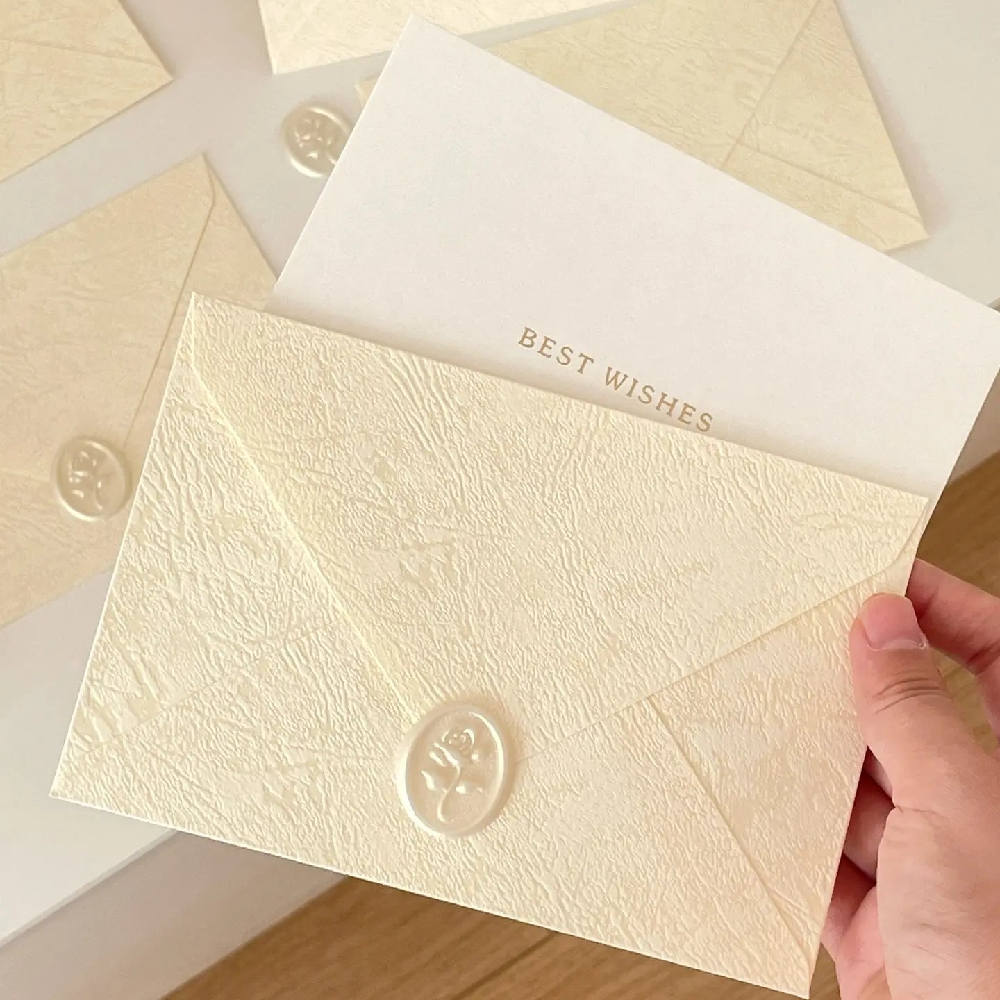 Cream Textured Envelope & Greeting Card Set | Rose Wax Seal with Best Wishes Card