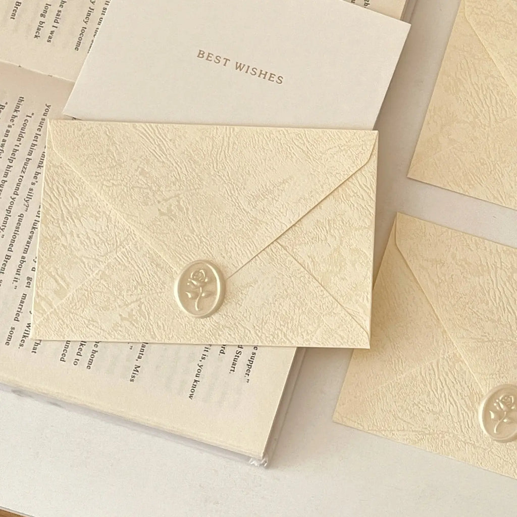 Cream Textured Envelope & Greeting Card Set | Rose Wax Seal with Best Wishes Card