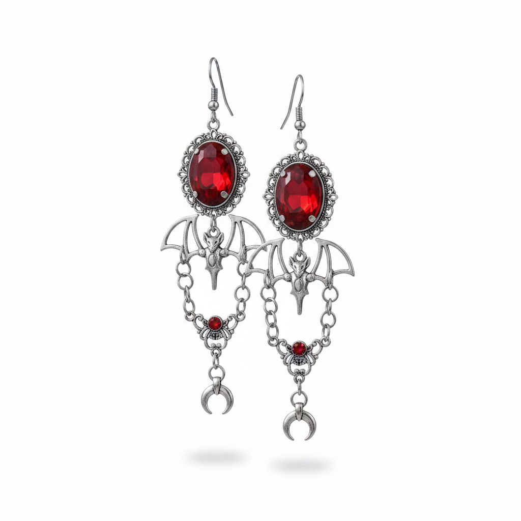 Pair of gothic silver-tone alloy crimson bat and moon drop earrings: silver fish hook, antique silver oval filigree frame with large deep red faceted glass gemstone, silver spread-wing bat pendant, dual silver chain swags, silver spider filigree connector with round red crystal, and silver crescent horn moon drop; isolated on white background with soft drop shadow


