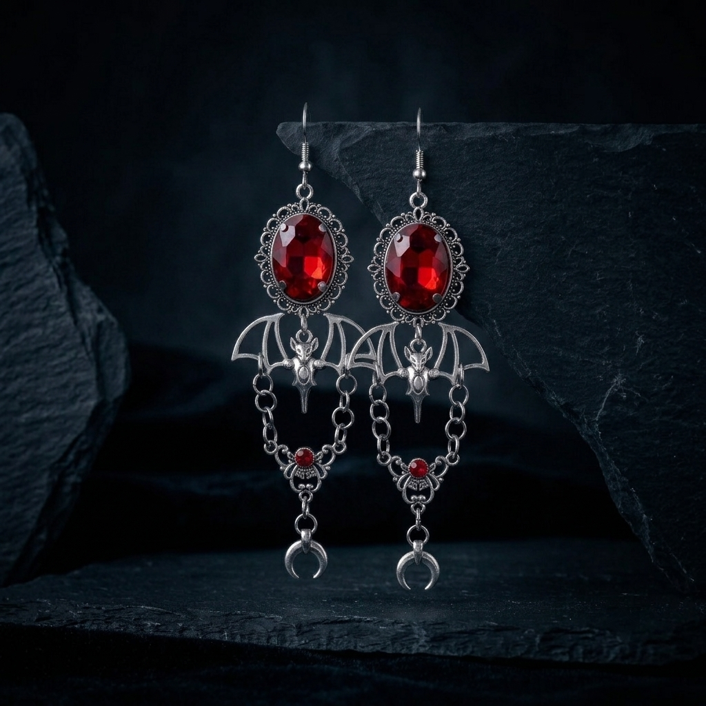 Pair of gothic silver-tone crimson bat and moon drop earrings leaning against dark black layered rock — deep red oval glass gemstone in silver filigree frame, spread-wing bat pendant, dual silver chain swags with red crystal connector and crescent horn moon drop — dramatic single spotlight from upper left, dark blue-black background

