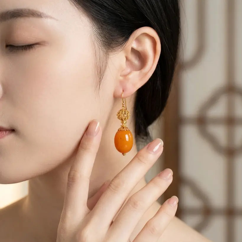 Filigree Gold Bead Drop | Beeswax Amber & 925 Silver Earring
