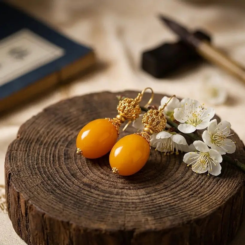 Filigree Gold Bead Nanhong Stone Earring