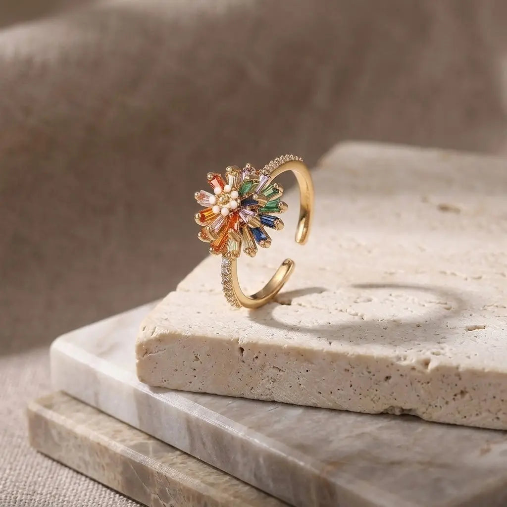 Bague fleur zircone pour femme | Alliage, bande ouverte réglable