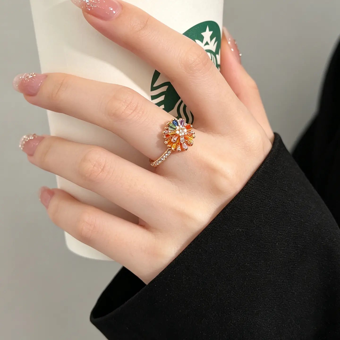 Bague fleur zircone pour femme | Alliage, bande ouverte réglable