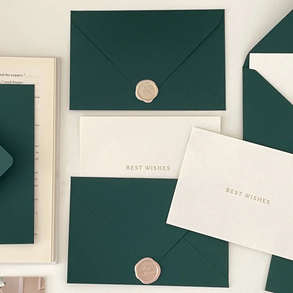 Forest Green Envelope & Greeting Card Set | Botanical Wax Seal with Best Wishes Card