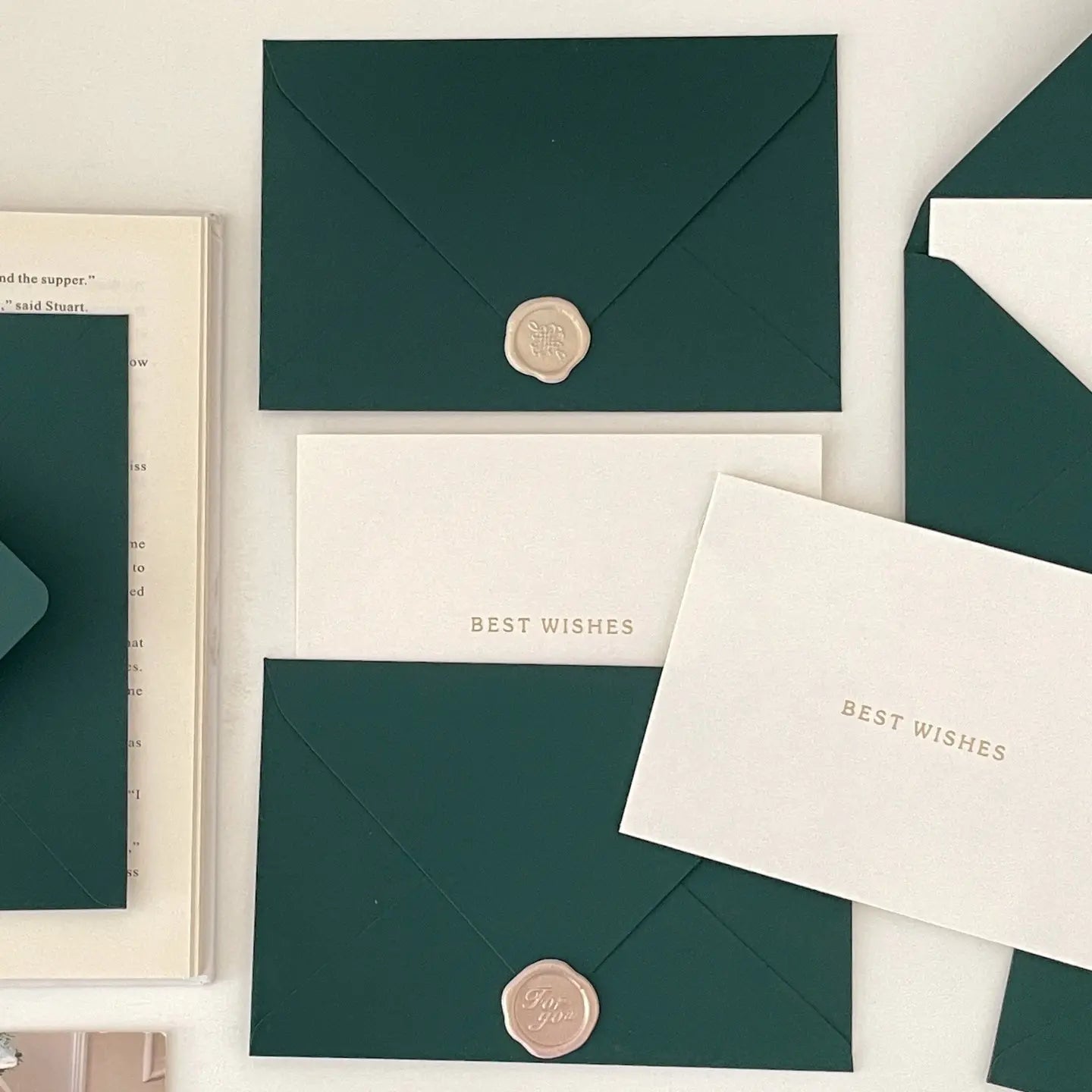 Forest Green Envelope & Greeting Card Set | Botanical Wax Seal with Best Wishes Card