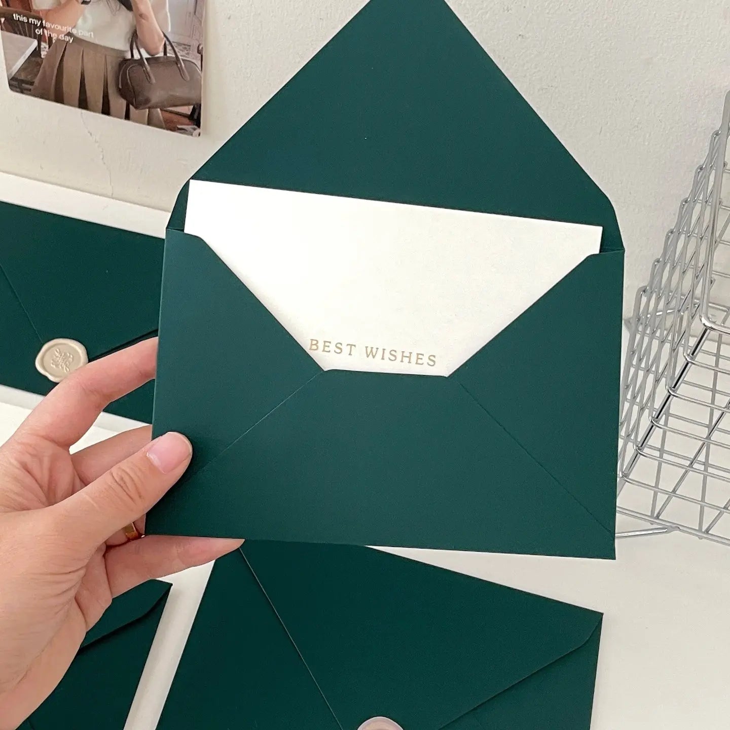 Forest Green Envelope & Greeting Card Set | Botanical Wax Seal with Best Wishes Card