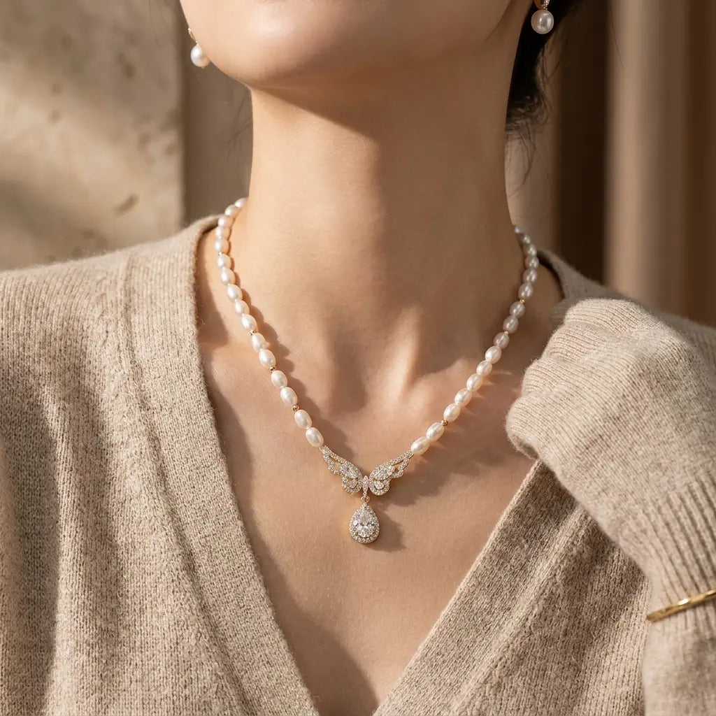 Freshwater Pearl Necklace | 18K Gold Plated Copper & Micro-Pave Zirconia