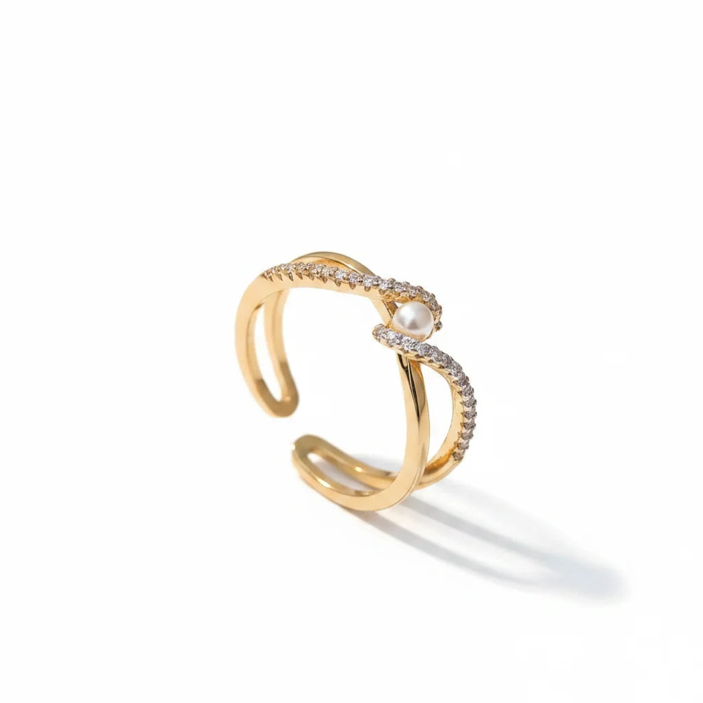 Geometric pearl adjustable open ring, front view