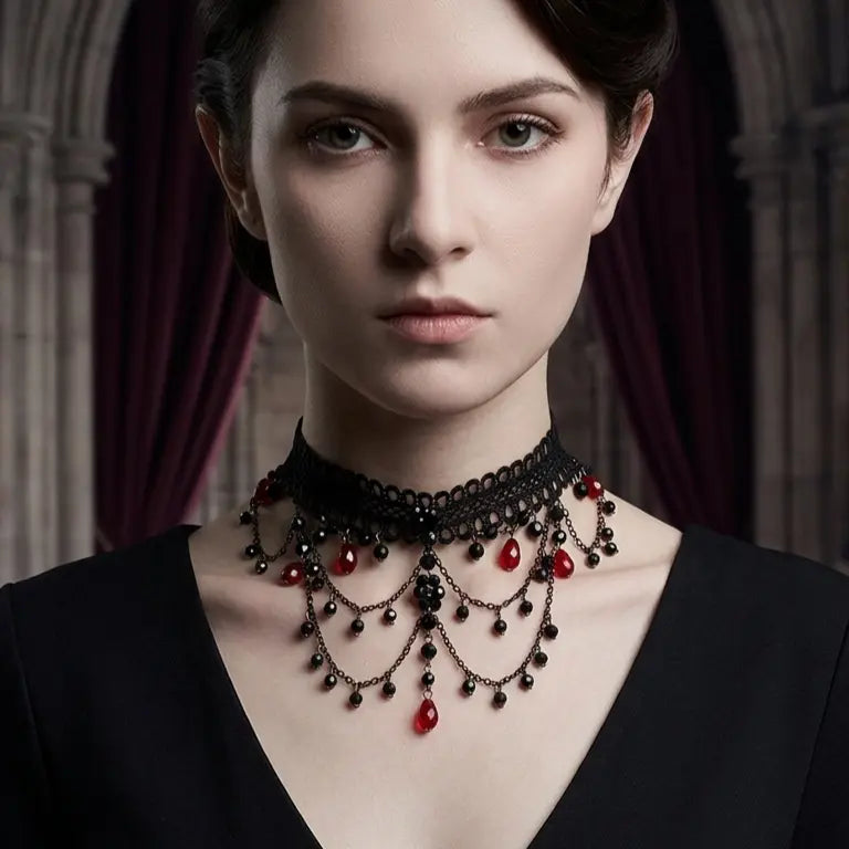 Woman with light skin tone and short dark brown hair wearing gothic black lace choker necklace with multi-tier gunmetal chain fringe, black crystal bead drops and deep red teardrop crystal accents, black V-neck top, dark gothic hall with lancet arch columns and deep burgundy drape background, AI-generated model image

