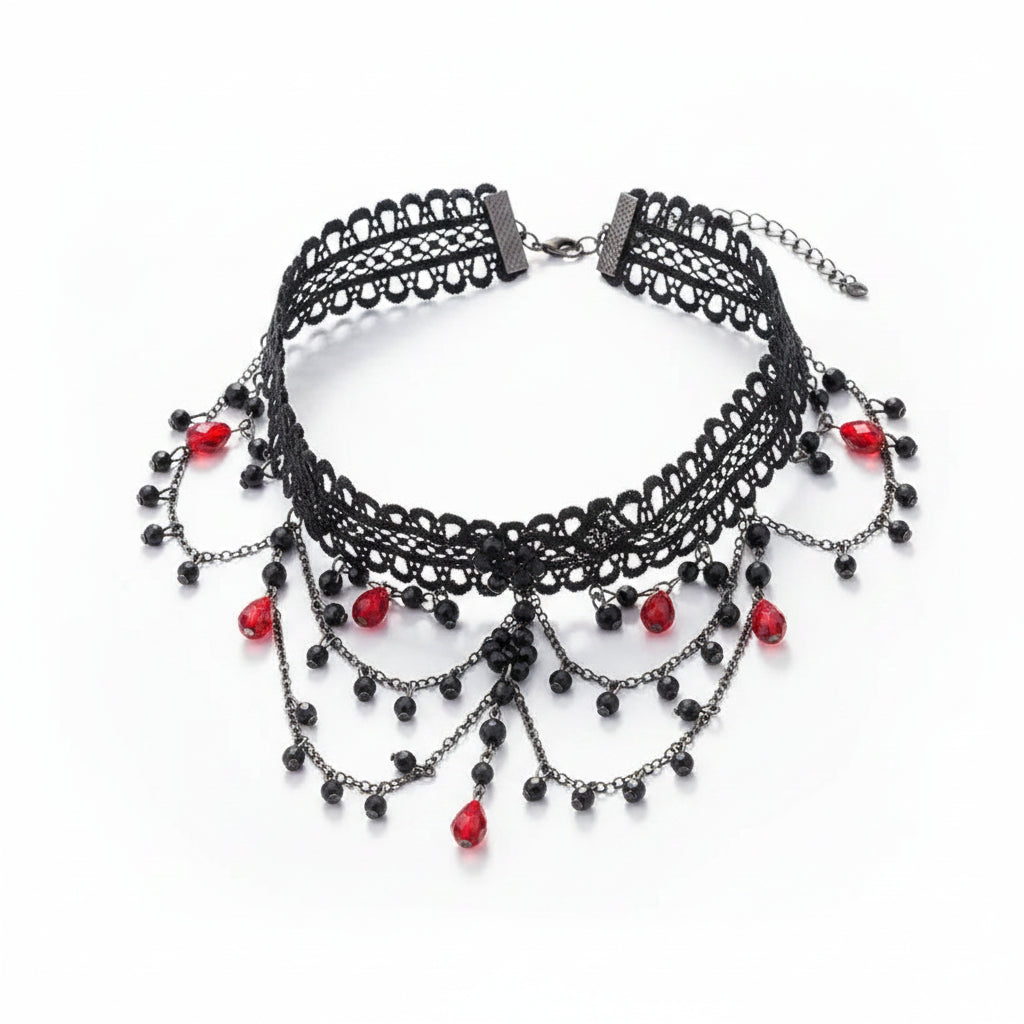 Gothic black lace wide choker necklace with three-layer scallop filigree lace band, four-tier draped gunmetal chain fringe densely set with black faceted round crystal beads and seven deep red teardrop crystal drops; gunmetal rectangular magnetic clasp with extender chain; isolated on white background with soft drop shadow

