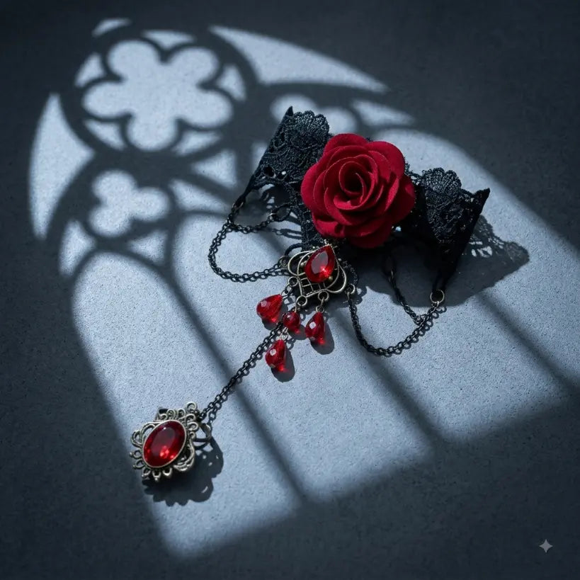 Gothic black lace red rose crystal slave bracelet ring set with 3D deep red fabric rose, gunmetal chains, red teardrop crystal drops and adjustable antique bronze filigree red gemstone ring, displayed on dark blue-grey concrete surface with dramatic gothic quatrefoil rose window and lancet arch shadow projection, strong directional spotlight, AI-generated image


