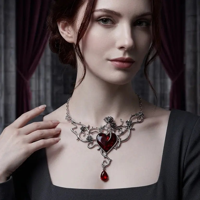 Woman with light skin tone and dark auburn updo wearing gothic silver-tone rose vine thorn necklace with large red heart crystal and teardrop drop pendant, fingers resting on chest, black square-neck top, dark gothic hall with burgundy drape background, AI-generated model image


