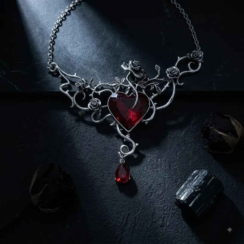 Gothic silver-tone rose vine thorn necklace with large faceted red heart crystal and red teardrop drop pendant, displayed on dark black textured stone surface with raw black tourmaline crystal props, dramatic single spotlight, black background, AI-generated image

